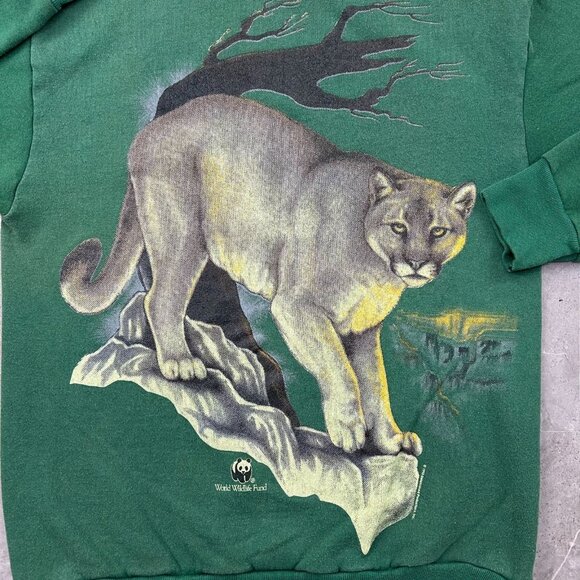 90s Vintage Cougar Sweatshirt Mens Medium Animal Nature Big Cats Wildlife Green - Picture 2 of 9